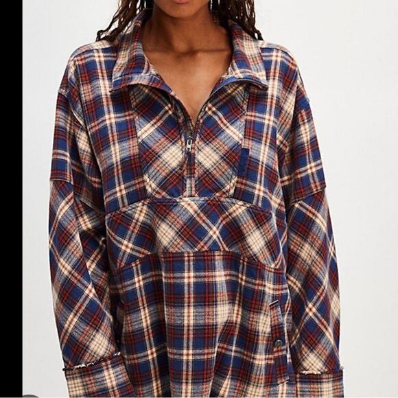 Free People Tops - Free People We the Free Wind River Plaid Flannel Pullover Shirt Navy Combo NWOT